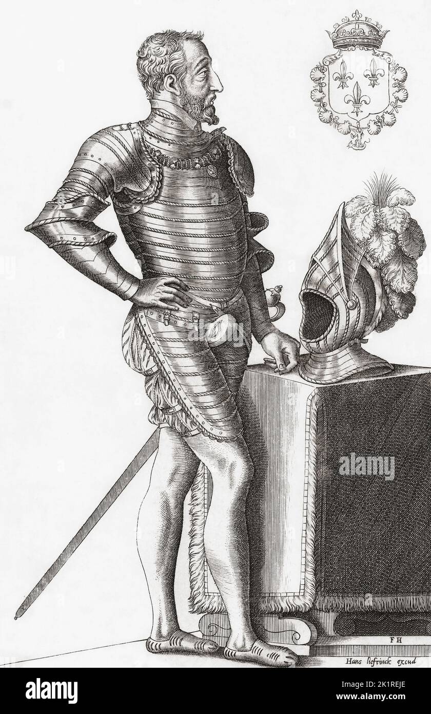 König Heinrich II. Von Frankreich, 1519 - 1559. Henry wurde bei einem Turnier zur Feier des Friedens von Cateau-Cambrésis tödlich verletzt. Nach einem zeitgenössischen Werk von Frans Huys. Stockfoto