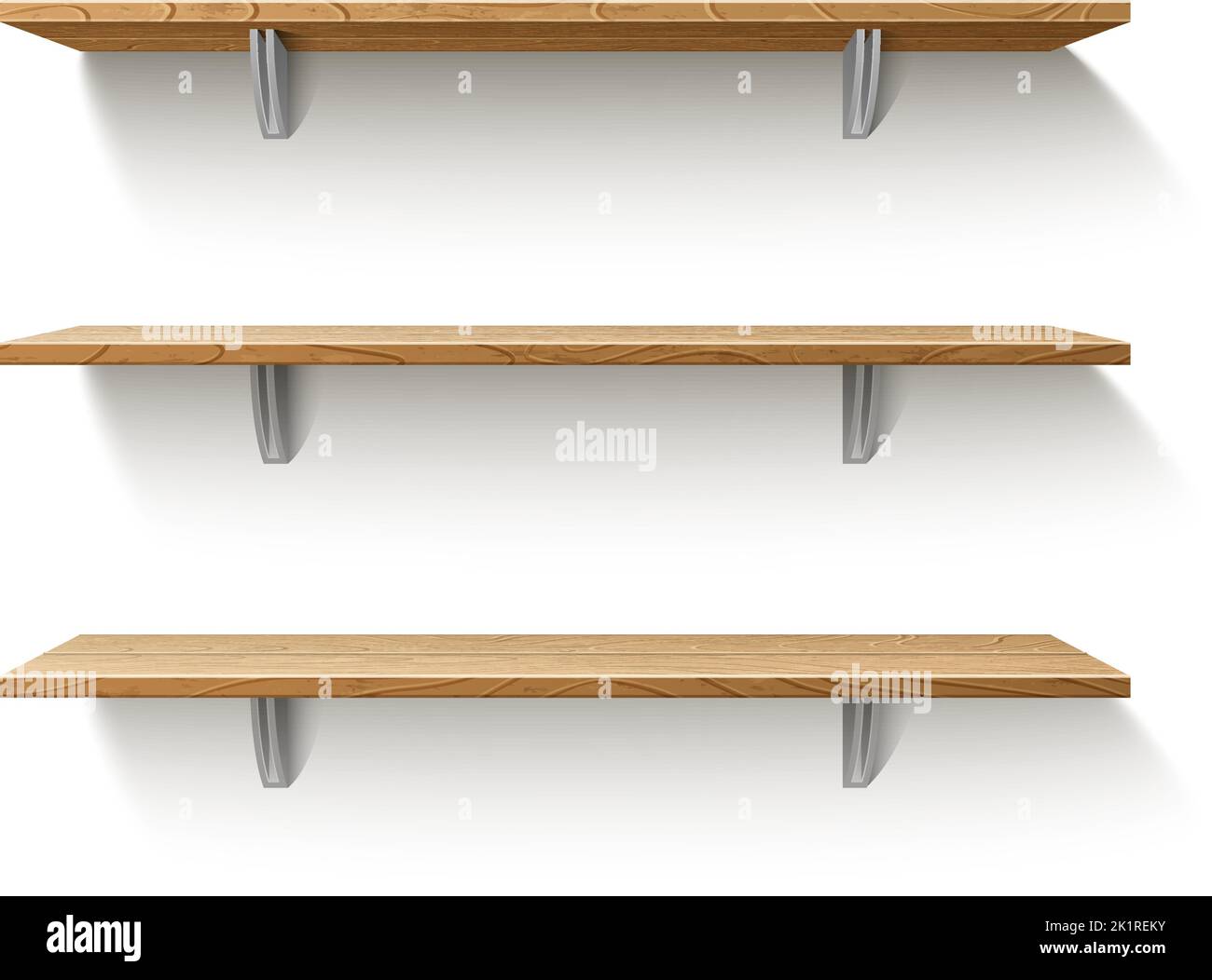 Realistische Holzregale. Heim- oder Büromöbel. An der Wand hängende Gegenstände im Innenraum. Leere Vitrine. Messestand mit Schatten. Naturholz Stock Vektor