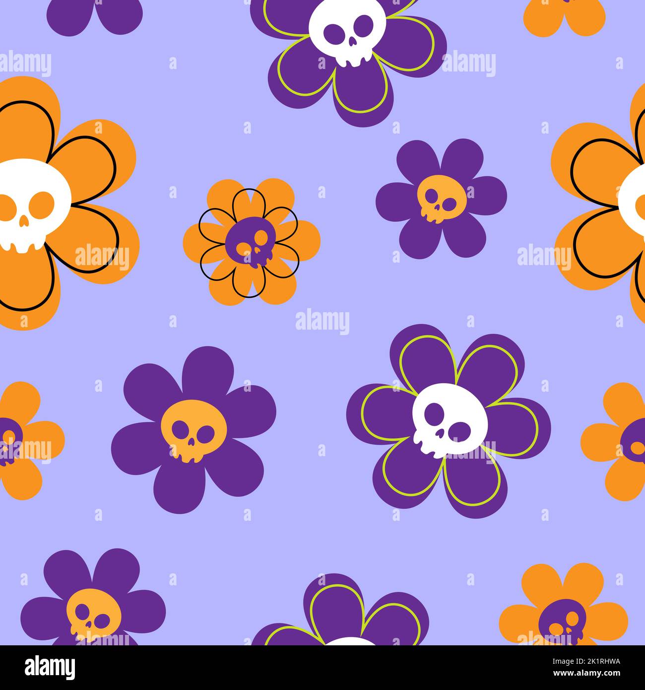 Frohe Halloween. Lustige Vektor-Illustration mit gruseligen Toten Blumen. Niedliche handgezeichnete Blumen mit Totenkopf-Gesicht und Fledermaus-Flügeln auf einem violetten und weißen Rücken Stock Vektor