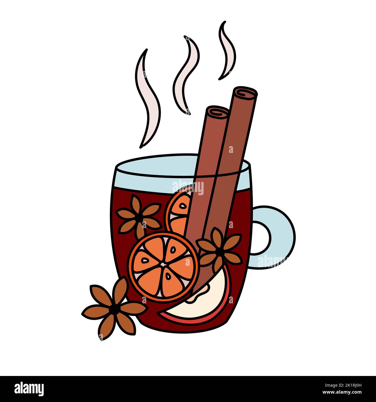 Glühwein-Doodles isoliert. Becher mit traditionellem warmen Wintergetränk mit den Zutaten Zimt, Anise, Orange und Apfel. Weihnachtsurlaub und gemütlich ev Stock Vektor