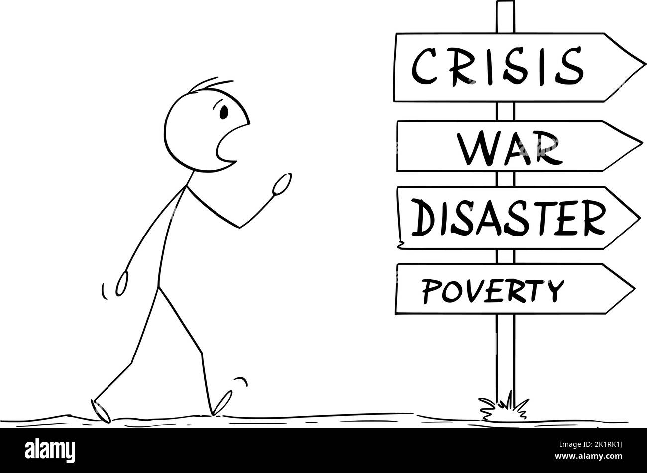 Person, die auf dem Weg in die Zukunft von Krise, Krieg, Katastrophe oder Armut ist, Vektorgrafik Cartoon Stick Figure Illustration Stock Vektor