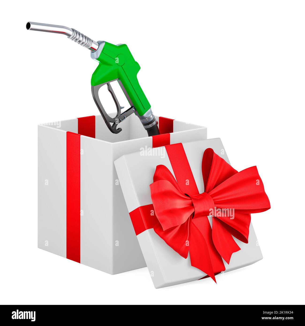 Gaspumpendüse im Geschenkkarton, Geschenkkonzept. 3D Darstellung isoliert auf weißem Hintergrund Stockfoto
