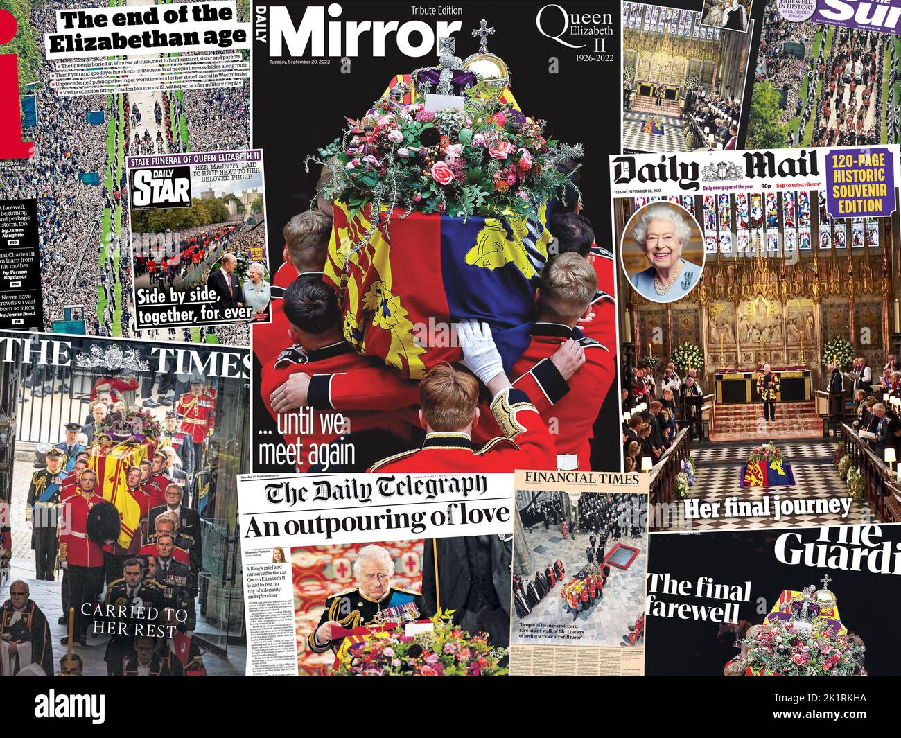 Titelseiten der Zeitung vom 20.. September, die das Begräbnis der Königin am 19.. September 2022 umfassen. Stockfoto