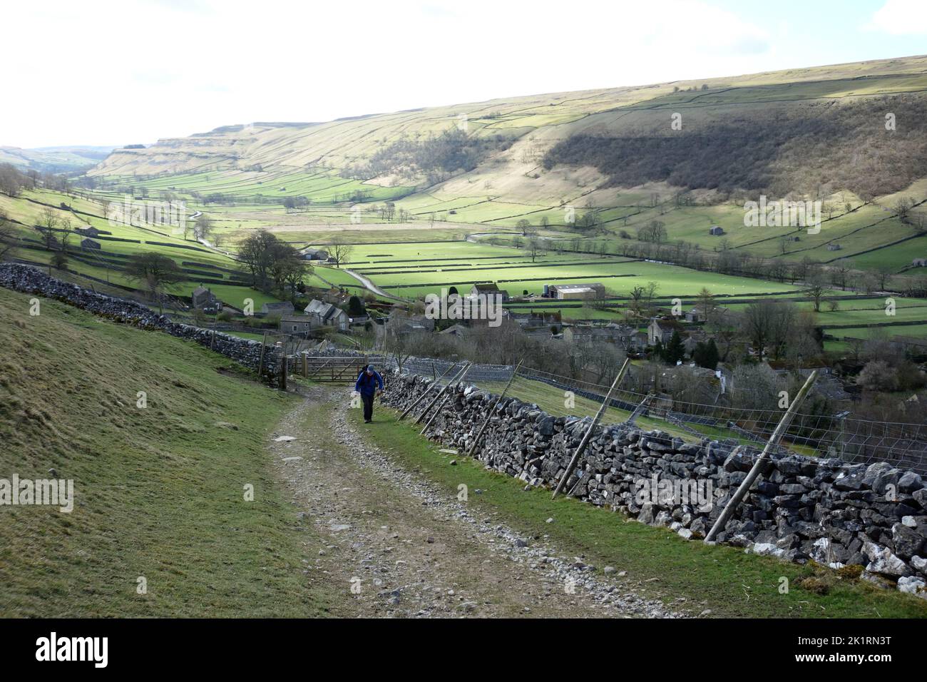 Lone man Walking the Track von Starbottom zum Bridleway nach Walden Head oberhalb von Wharfedale, Yorkshire Dales National Park, England, Großbritannien Stockfoto