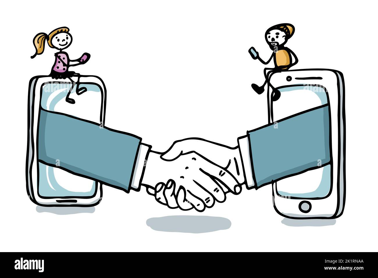 Vertrag und Handshake über Internet - Online-Geschäft mit Handy - digitales Zeitalter handgezeichnete Vektor-Illustration Stock Vektor
