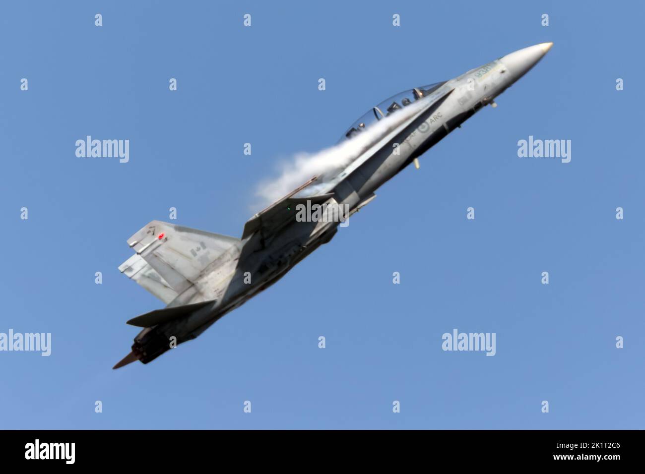 Eine Royal Canadian Air Force (RCAF) CF-18 Hornet während einer Demonstration auf der Airshow London SkyDrive. Stockfoto