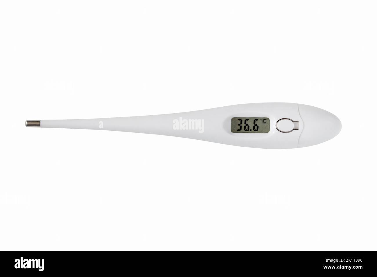 Digitales Thermometer auf weißem Hintergrund isoliert, zeigt Temperatur von 36,6 C an Stockfoto