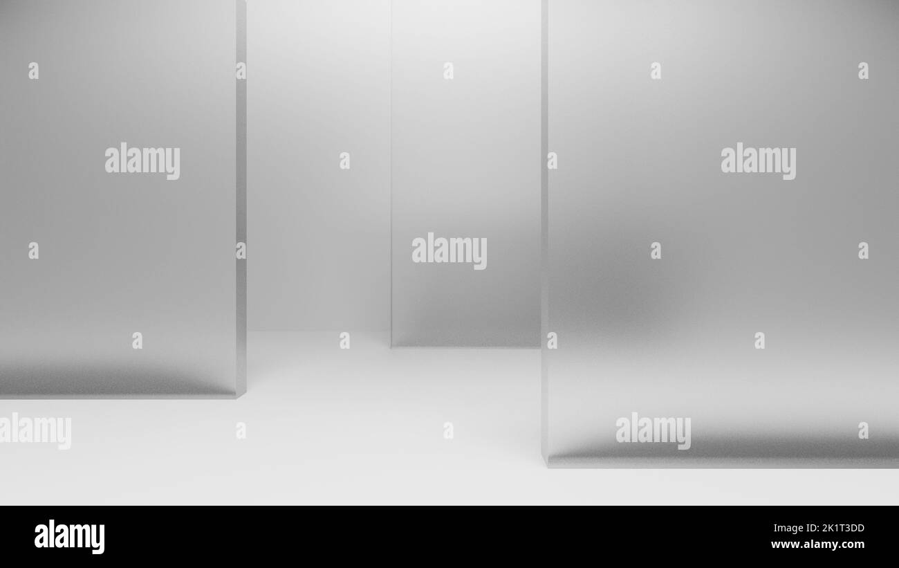 Stilvolles und futuristisches 3D-Glas-Morphismus-Trennwand im leeren Raum, abstrakter Hintergrund, Wanddisplay, 3D Rendering Stockfoto