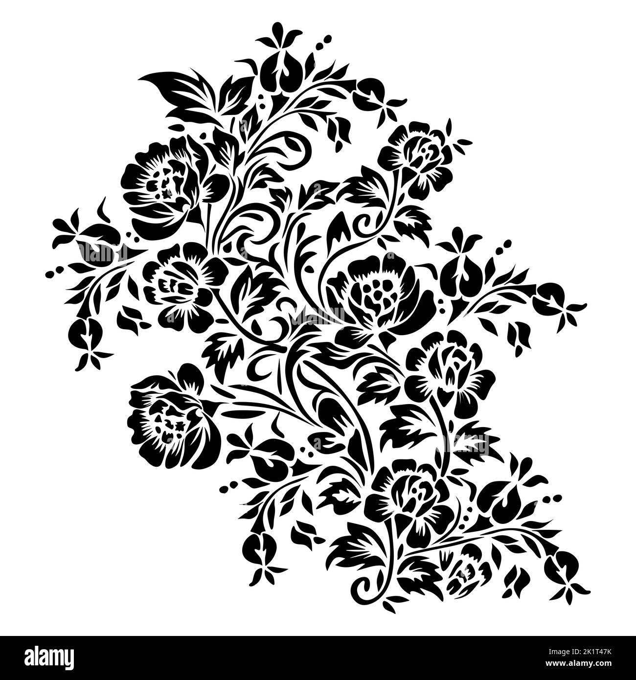 Blume vintage Barock viktorianischen floral Ornament Rahmen Grenze Blatt scroll graviert retro Muster dekoratives Design Tattoo schwarz Stockfoto