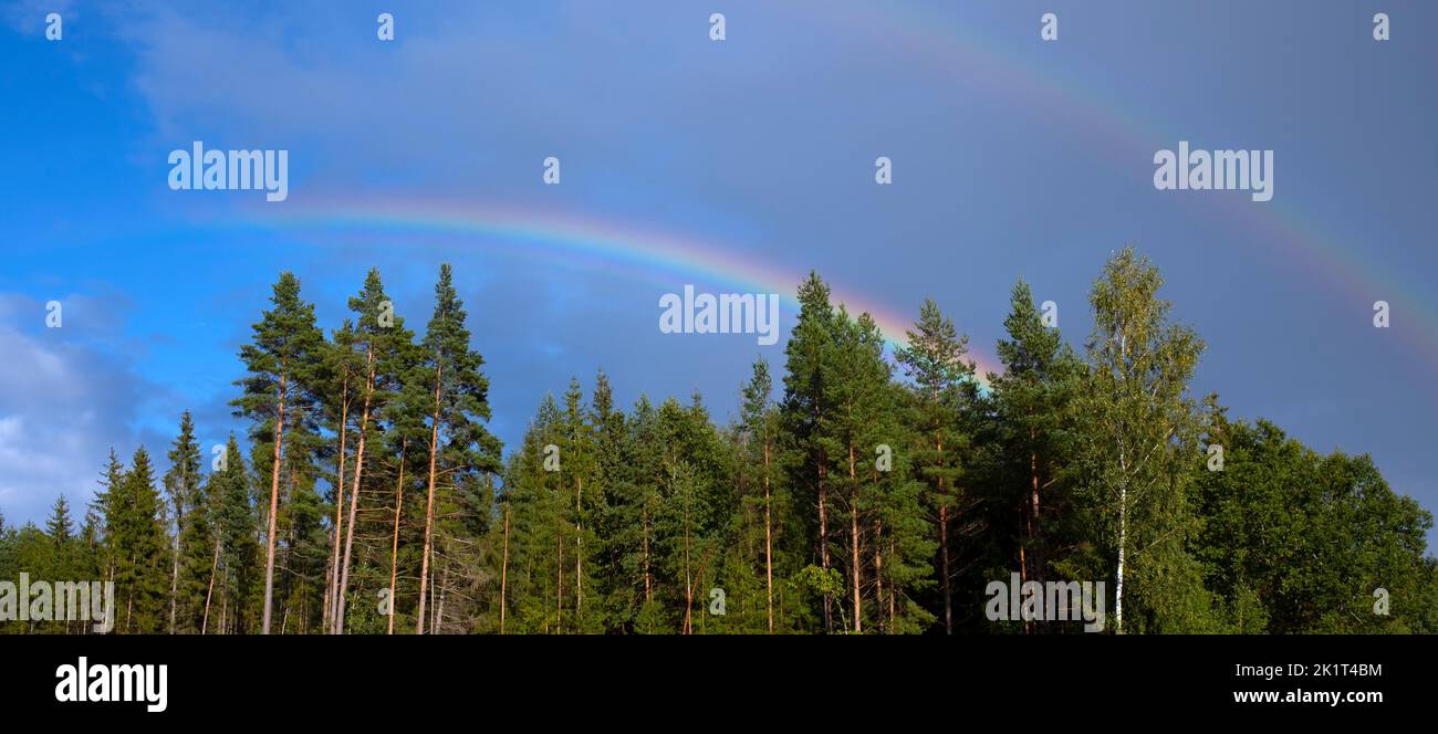 Doppelter Regenbogen über der lettischen Landschaft im Gebiet von Tukums, Lettland Stockfoto