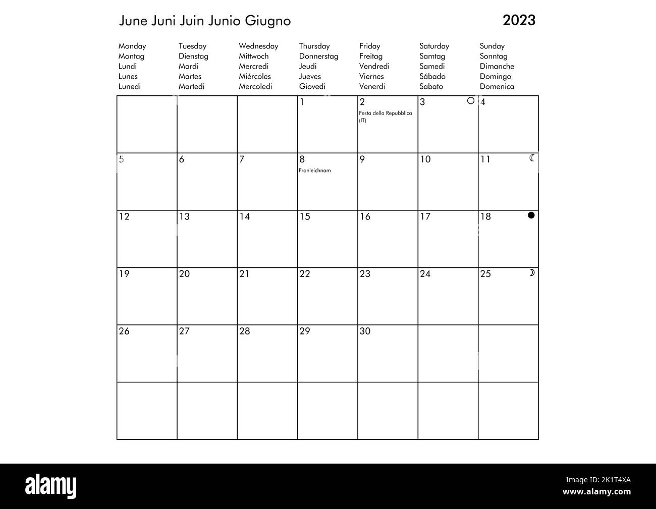 Juni Mehrsprachiger Jahreskalender 2023 in Englisch Deutsch Französisch Spanisch und Italienisch mit USA UK Deutschland Frankreich Spanien und Italien Feiertage Stockfoto