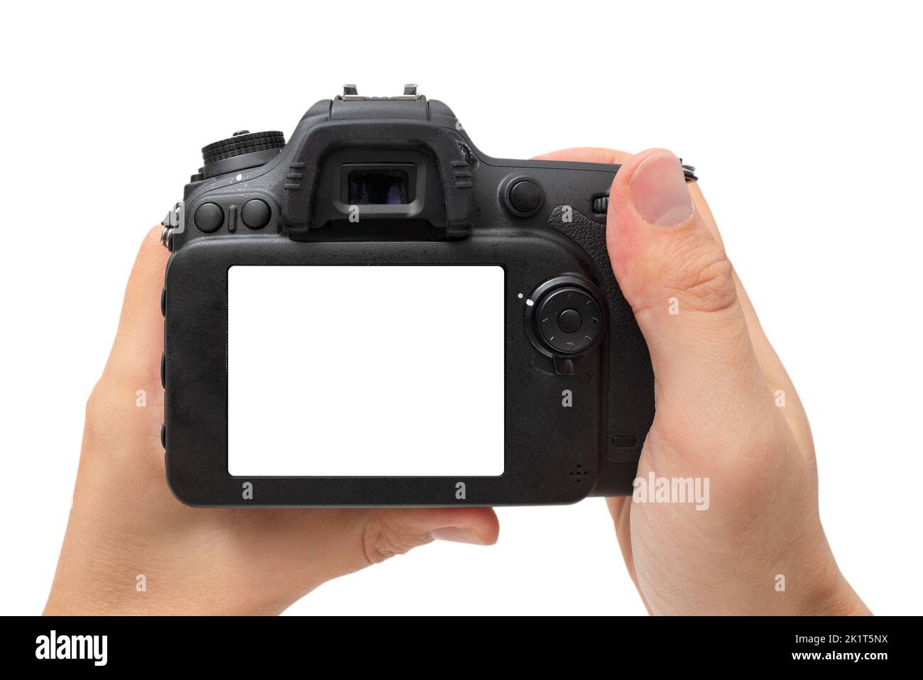 Rückseite der DSLR-Digitalkamera. Kamera mit leerem Bildschirm, isoliert auf weißem Hintergrund Stockfoto
