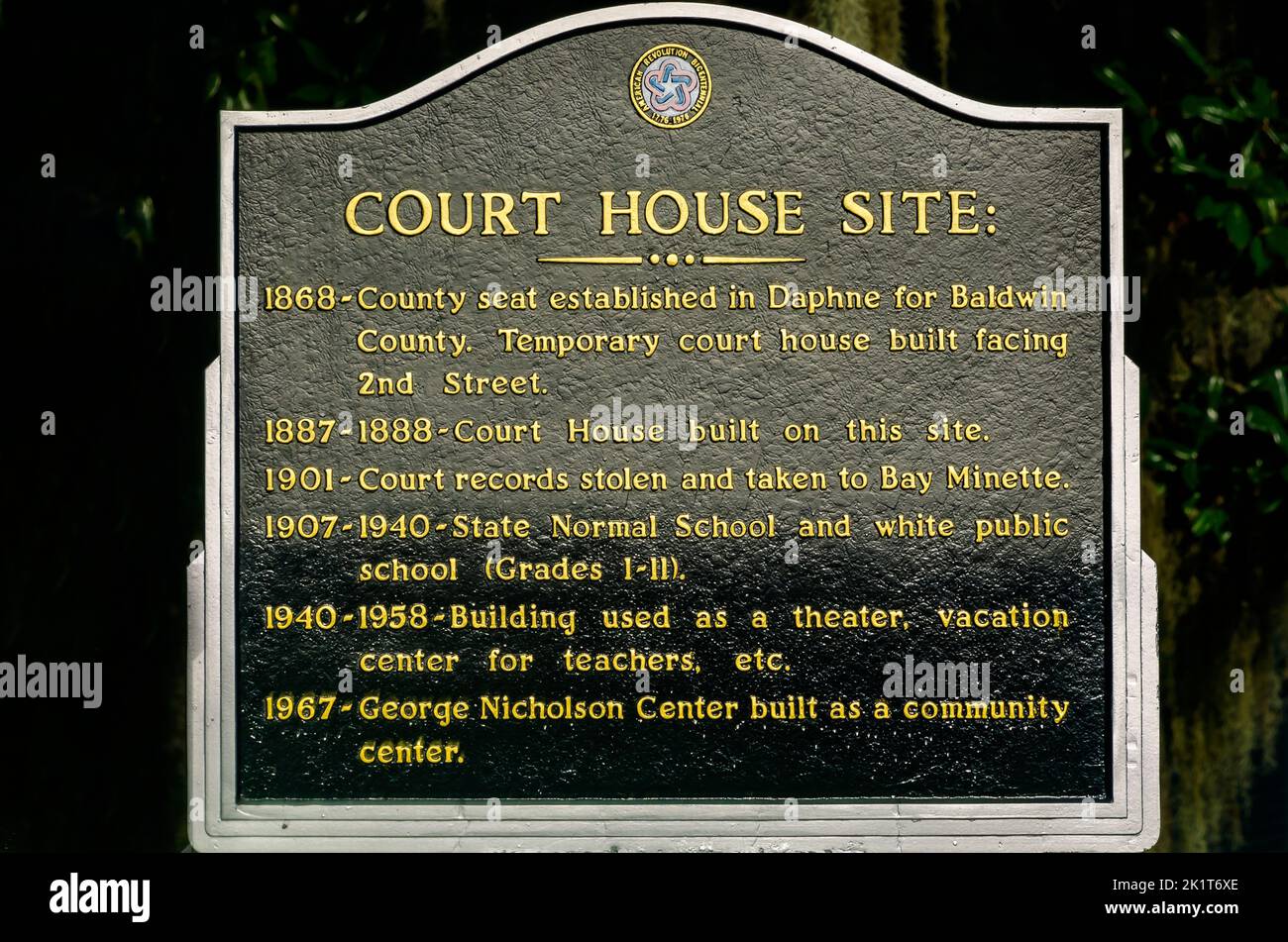 Die Daphne Court House Site ist am 8. September 2022 in Daphne, Alabama, abgebildet. Baldwin County Grafschaft Sitz wurde in Daphne im Jahr 1868 gegründet. Stockfoto