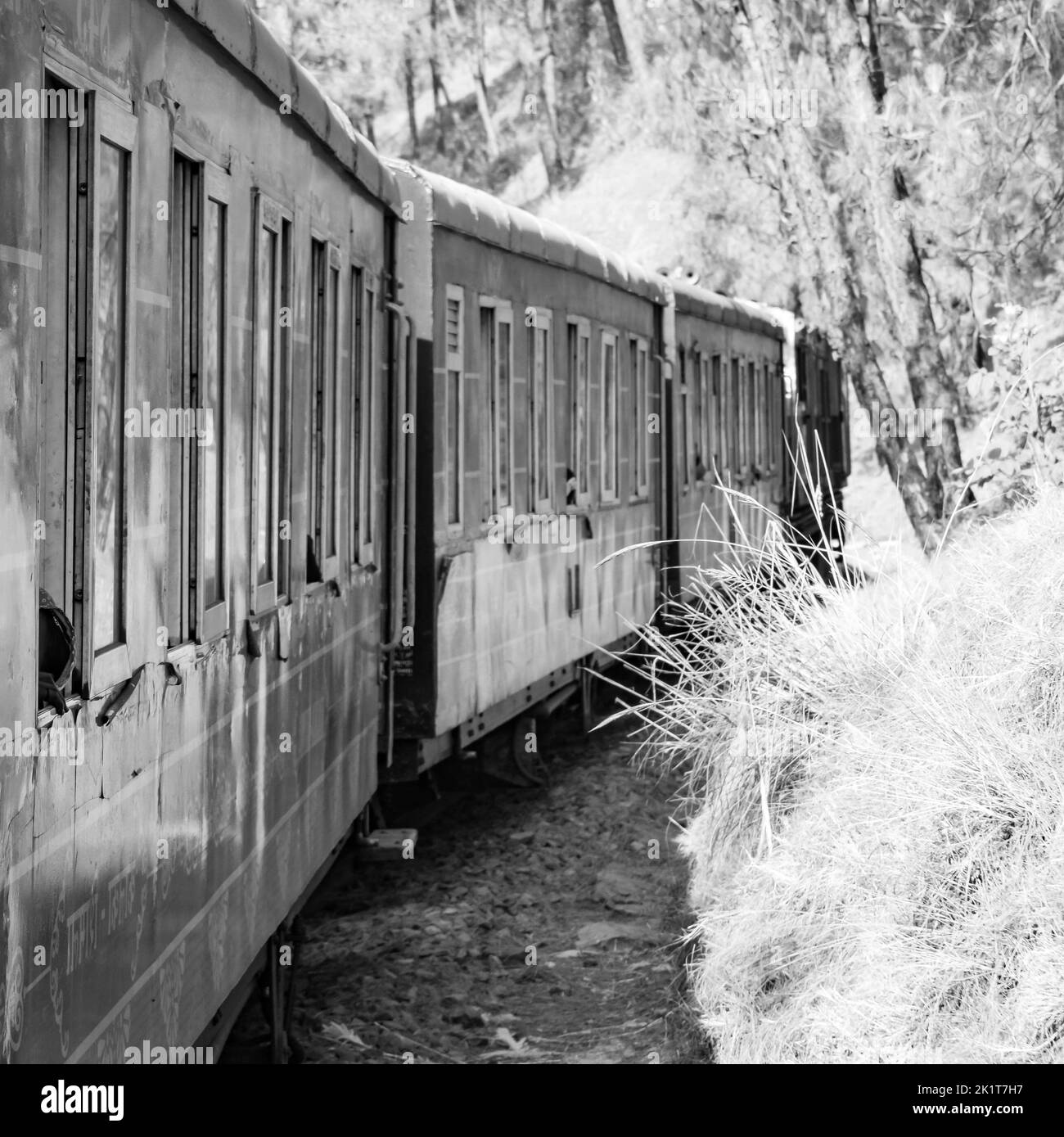 Toy Train bewegt sich auf Berghang, schöne Aussicht, eine Seite Berg, eine Seite Tal bewegt sich auf der Eisenbahn auf den Hügel, inmitten grüner Naturwald.Spielzeug t Stockfoto