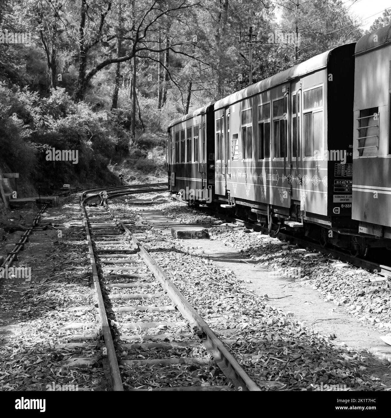 Toy Train bewegt sich auf Berghang, schöne Aussicht, eine Seite Berg, eine Seite Tal bewegt sich auf der Eisenbahn auf den Hügel, inmitten grüner Naturwald.Spielzeug t Stockfoto