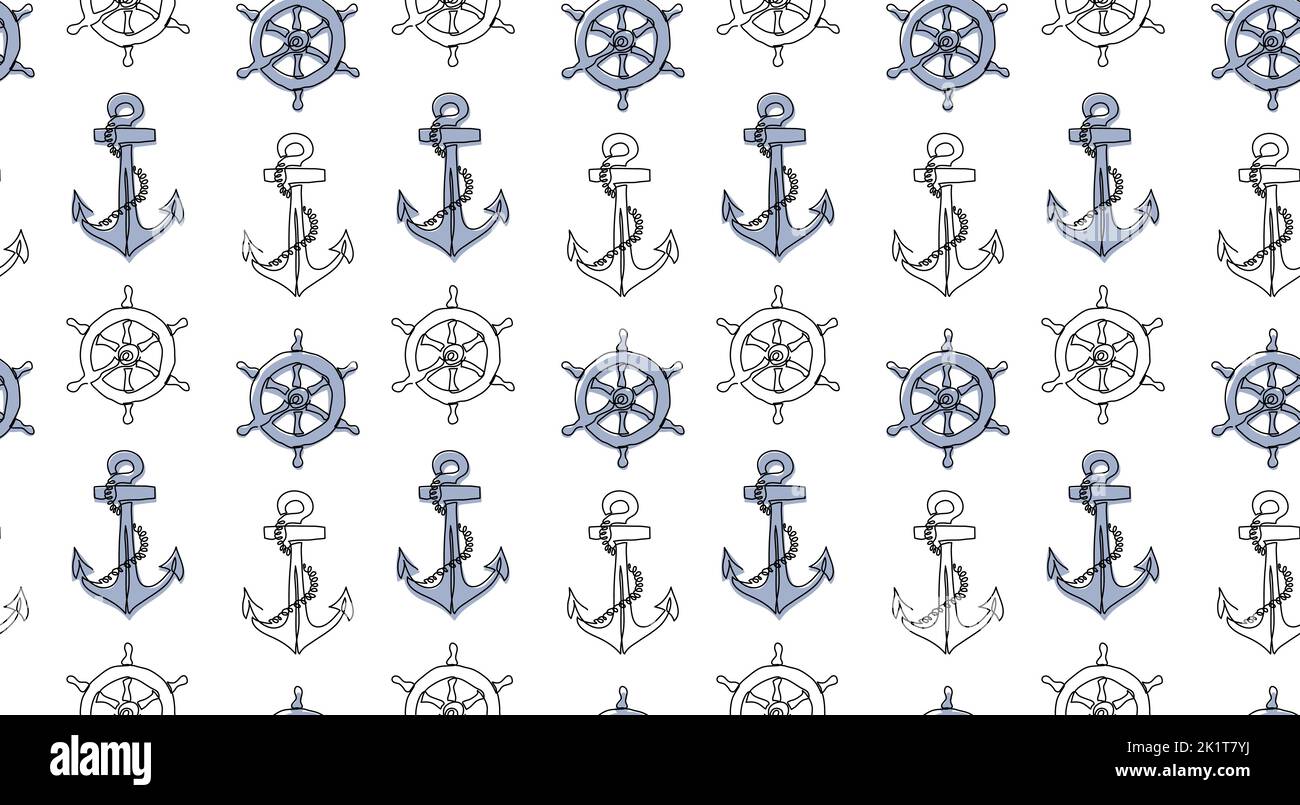 Marine vector pattern with anchor and steering wheel. One continuous line art drawing of sea signs. Anchor and wheel pattern Stock Vektor