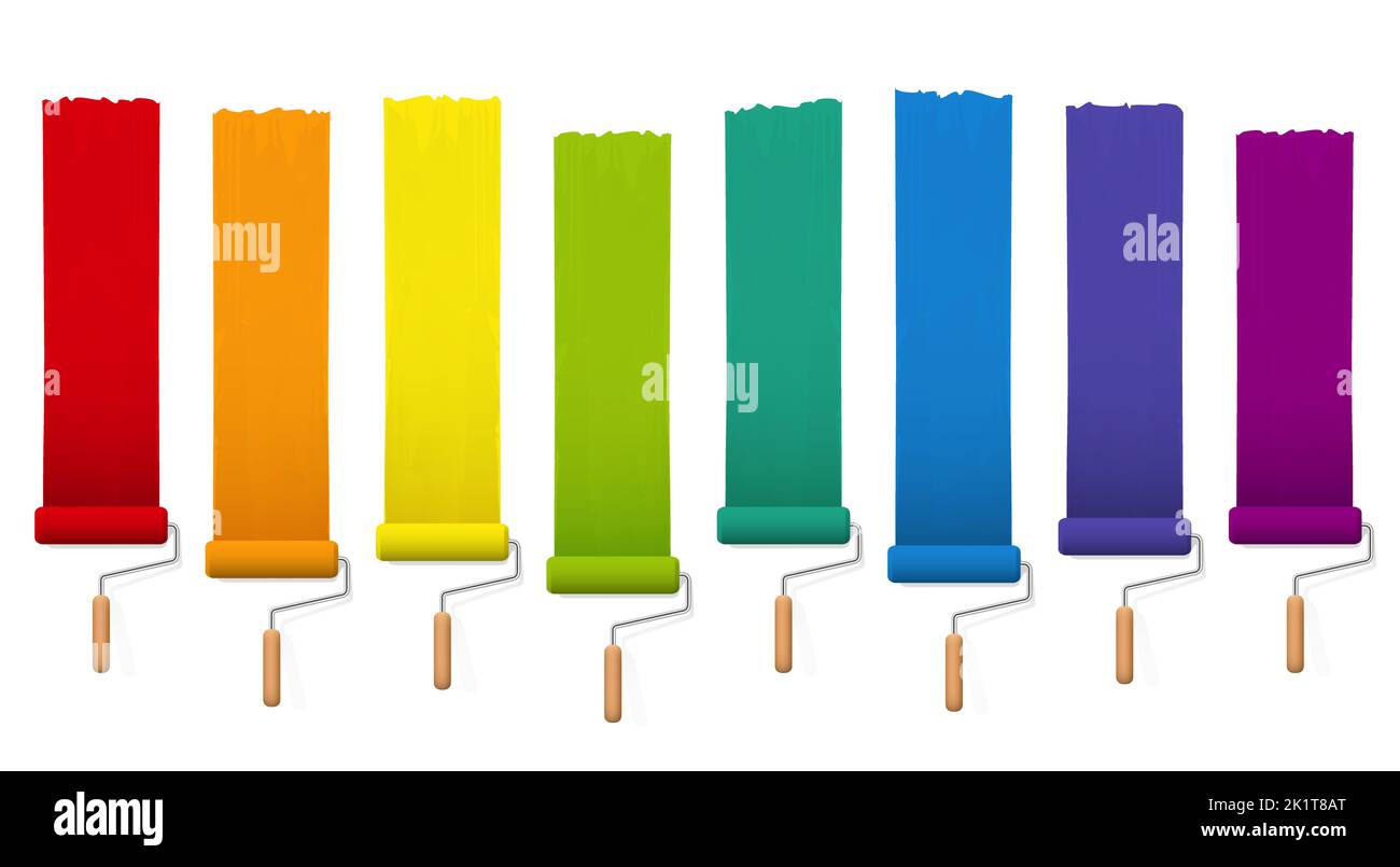 Farbwalzen mit bunten hellen Farbfeldern, rot, orange, gelb, grün, Blau, lila. Malwerkzeuge mit Holzgriffen für Künstler. Stockfoto