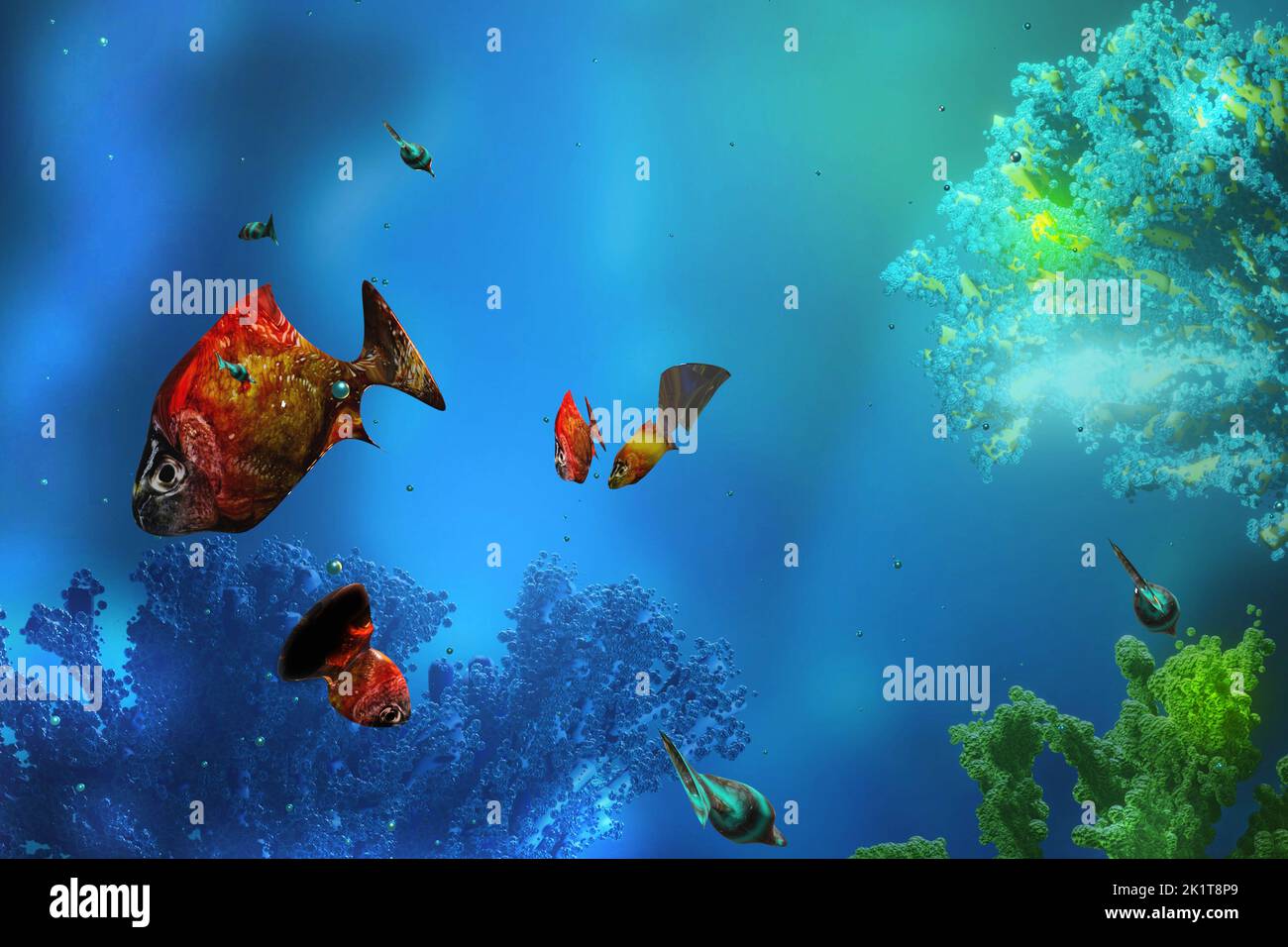 Unterwasserwelt mit schwimmenden Fischen und Korallenriff Stockfoto