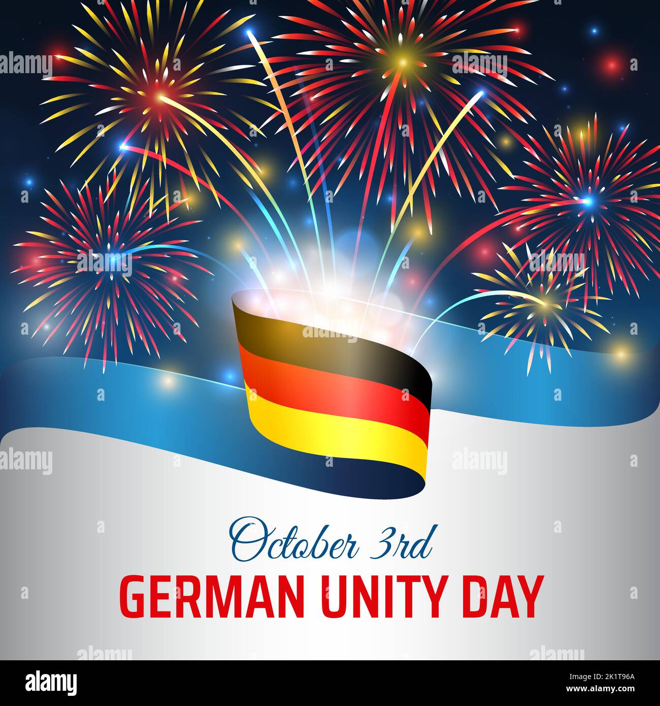 Oktober 3, deutscher Einheitstag, Vektorvorlage mit deutscher Flagge, buntes Feuerwerk auf blauem Nachthimmel-Hintergrund. Deutschland Nationalfeiertag oktober 3. Stock Vektor