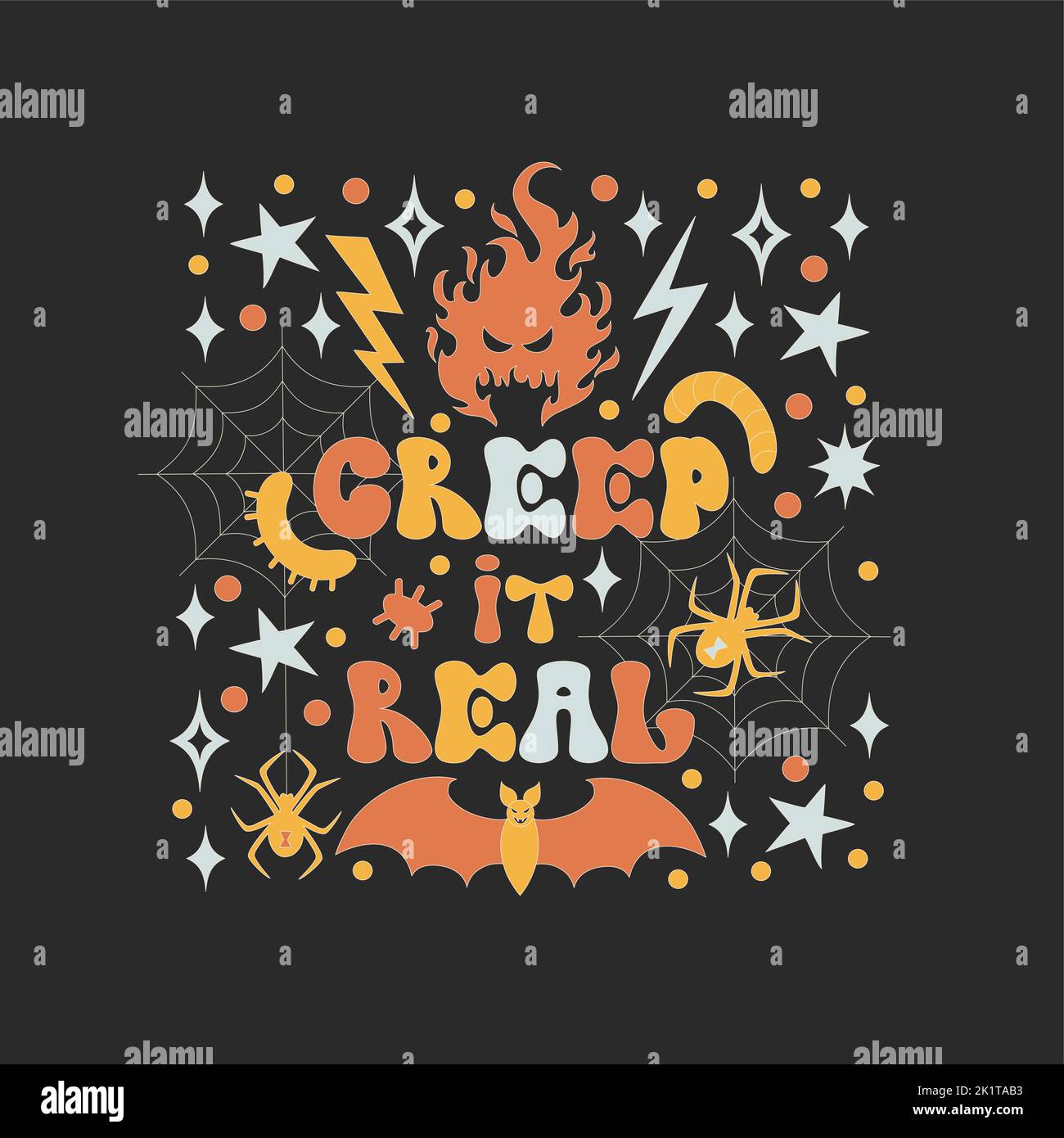 Muster mit Halloween Elementen im Retro 70s Stil. Stock Vektor