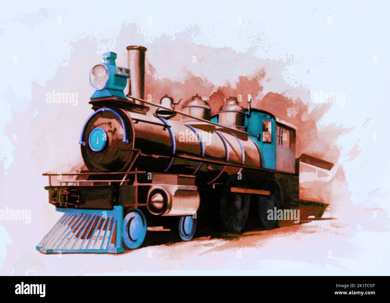 Vintage Lokomotive, Dampflokomotive oder Zug Aquarell Stockfoto