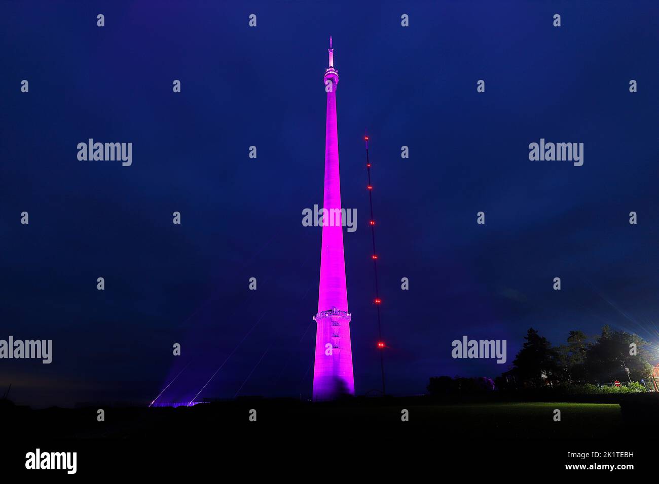 Der größte freistehende Arqiva Tower Großbritanniens wurde in Purple T opay als Hommage an Ihre Majestät Königin Elizabeth beleuchtet. Stockfoto