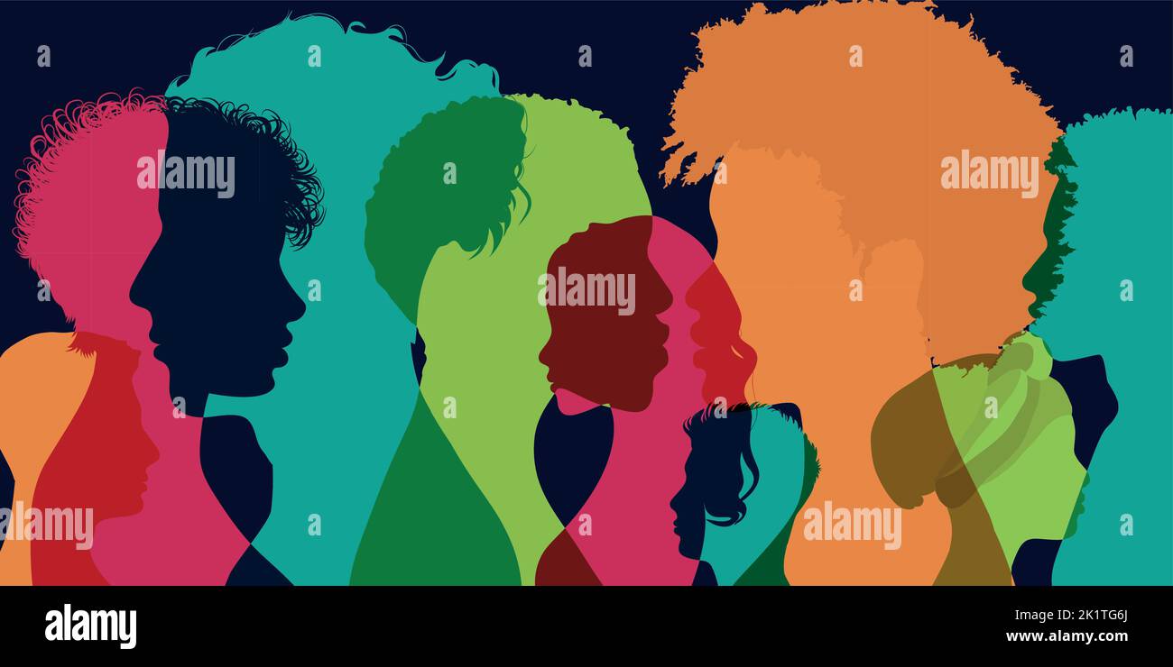Poster Silhouette Seitengruppe von Männern und Frauen verschiedener Kulturen. Vielfalt multikulturelle Menschen. Konzept von Rassengleichheit und Antirassismus. Freunde Stock Vektor