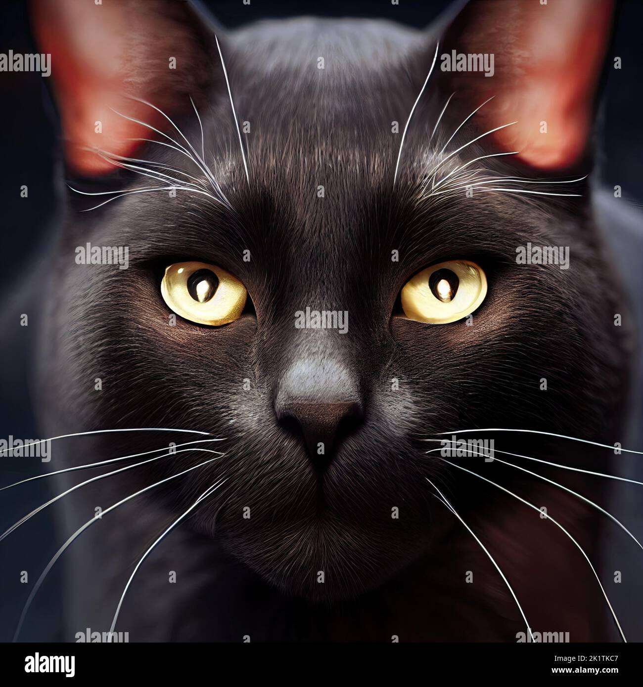 Eine Nahaufnahme der Augen einer schwarzen Katze auf einem schwarzen Hintergrund. Halloween und Horror Atmosphären werden dargestellt. Böse Augen von Panthern und Hexen. Pech und Stockfoto