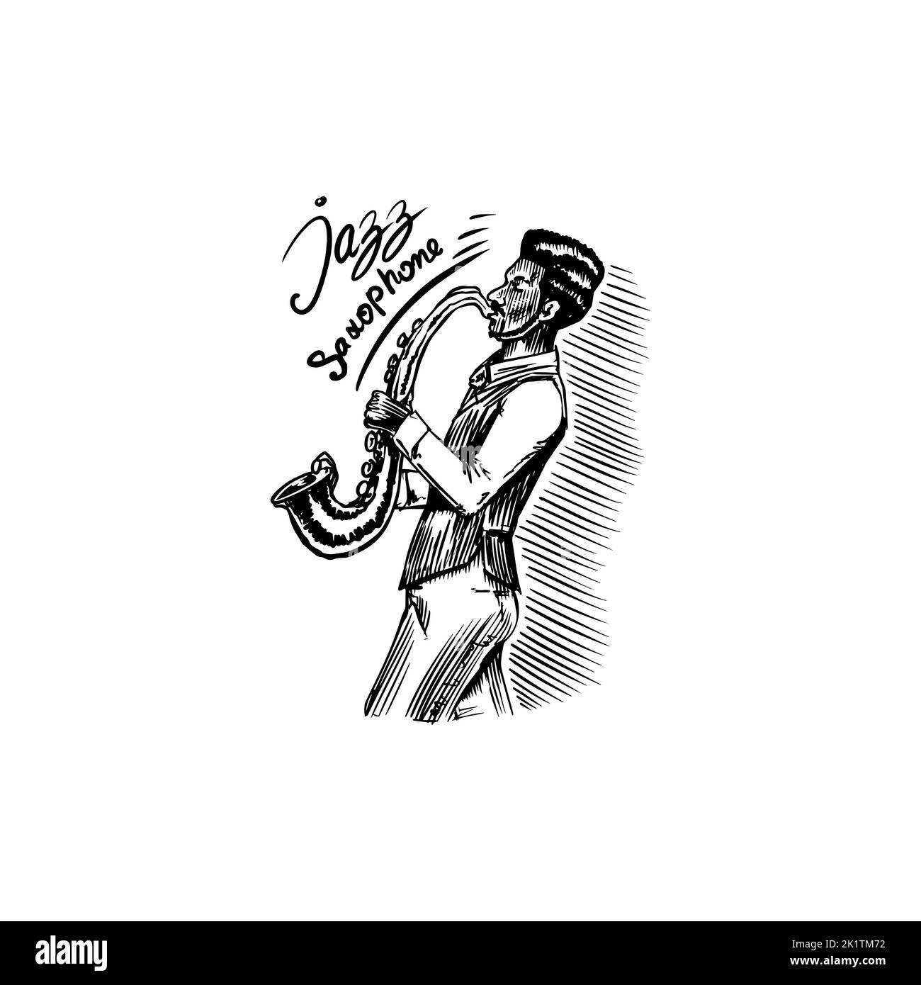 Afroamerikanischer Jazz-Saxophonist. Mann, der ein Musikinstrument spielt. Handgezeichnetes Logo oder Abzeichen. Skizze. Doodle-Vektor-Illustration. Stock Vektor