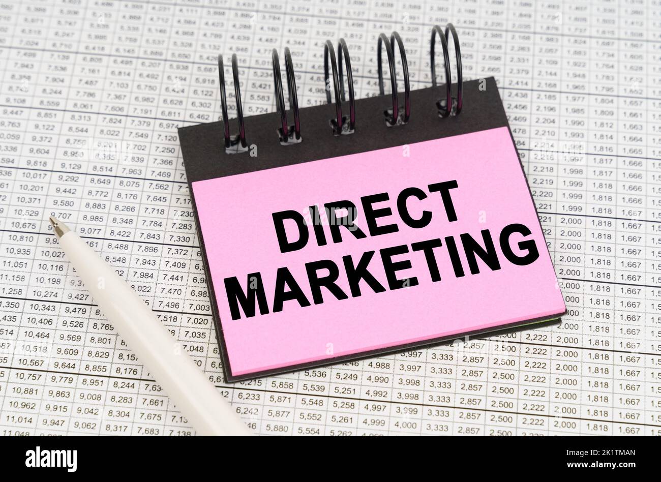 Geschäftskonzept. Auf Berichtsdokumenten und Diagrammen gibt es einen Stift und einen Notizblock mit der Aufschrift - Direct Marketing Stockfoto
