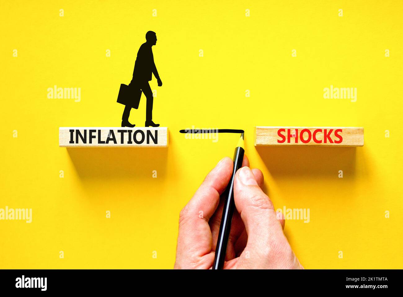 Symbol für Inflationsschocks. Konzept Worte Inflation Schocks auf Holzblöcke. Schöne gelbe Tabelle gelben Hintergrund. Geschäftsmann Hand. Businesswan-Symbol Stockfoto