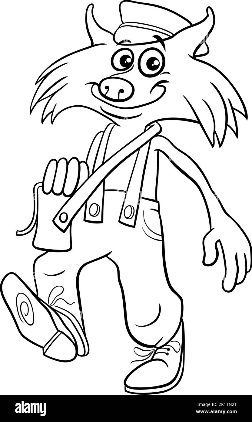 Schwarz-Weiß-Cartoon-Illustration von Fuchs Postmann Fantasy Tier Charakter Färbung Seite Stock Vektor