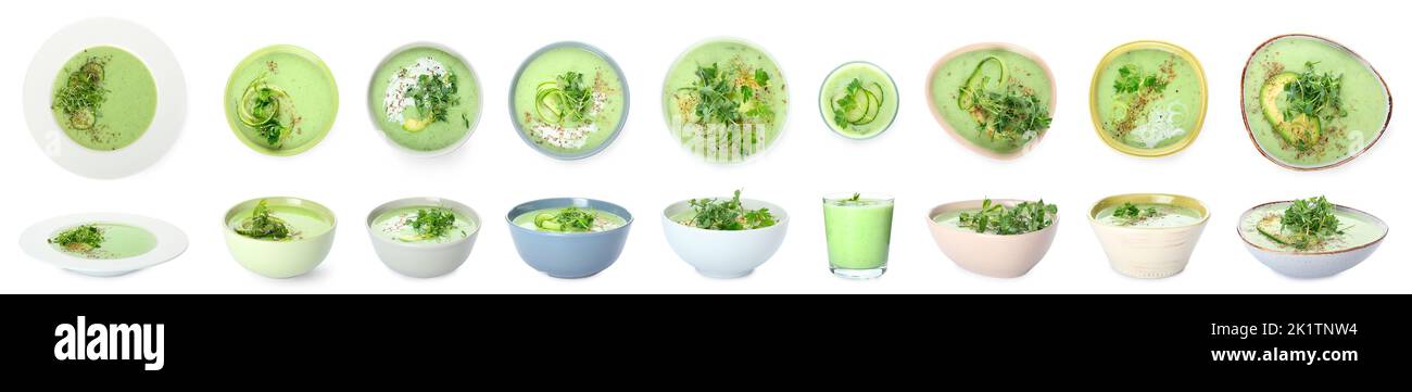 Collage aus grüner Gazpachosuppe in Schüsseln auf weißem Hintergrund Stockfoto