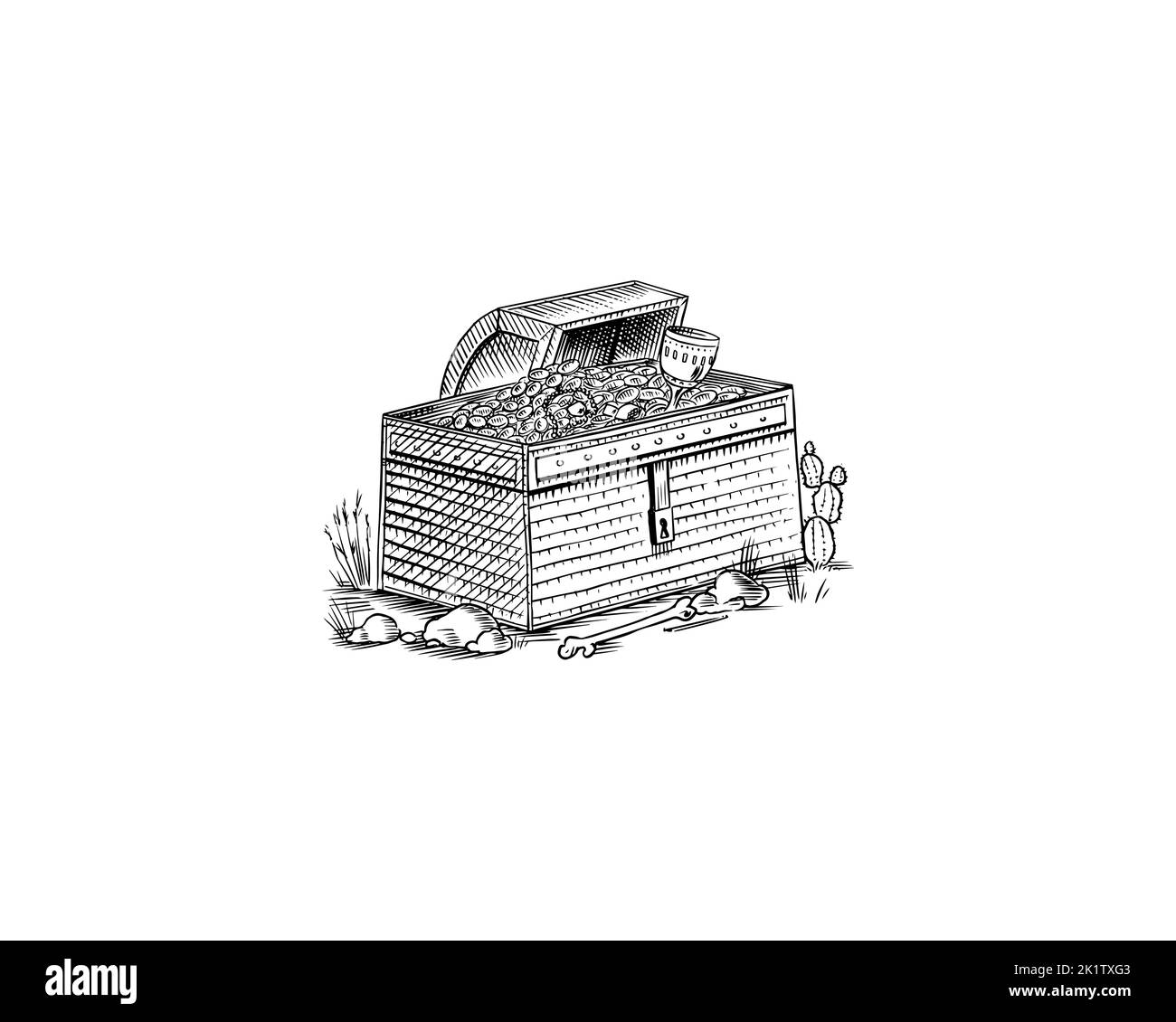 Piratenbrust aus Gold. Handgezeichnet, altes Etikett oder Abzeichen. Gravierte Skizze für Tattoo oder Druck auf T-Shirt. Stock Vektor