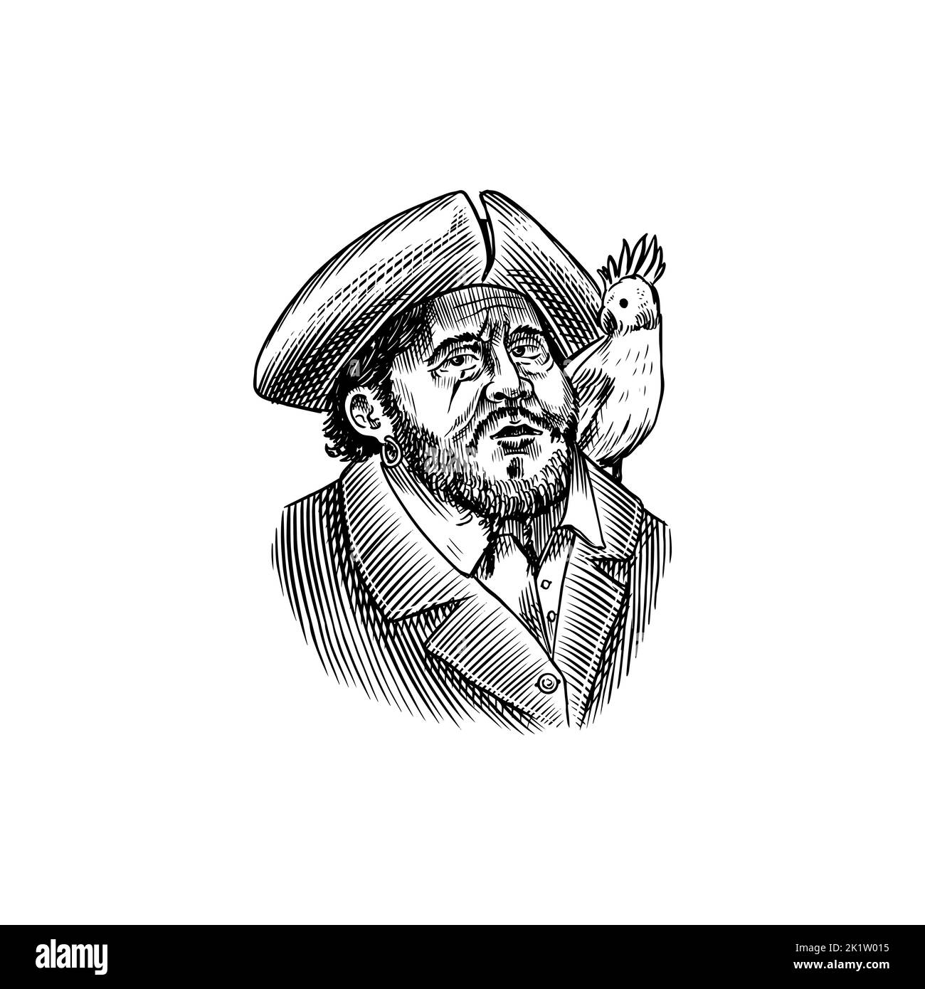 Seepirate mit einem Papagei auf der Schulter. Porträt des Seemanns. Handgezeichnete Gravur, Vintage-Skizze für Tattoo oder Druck auf T-Shirt. Stock Vektor