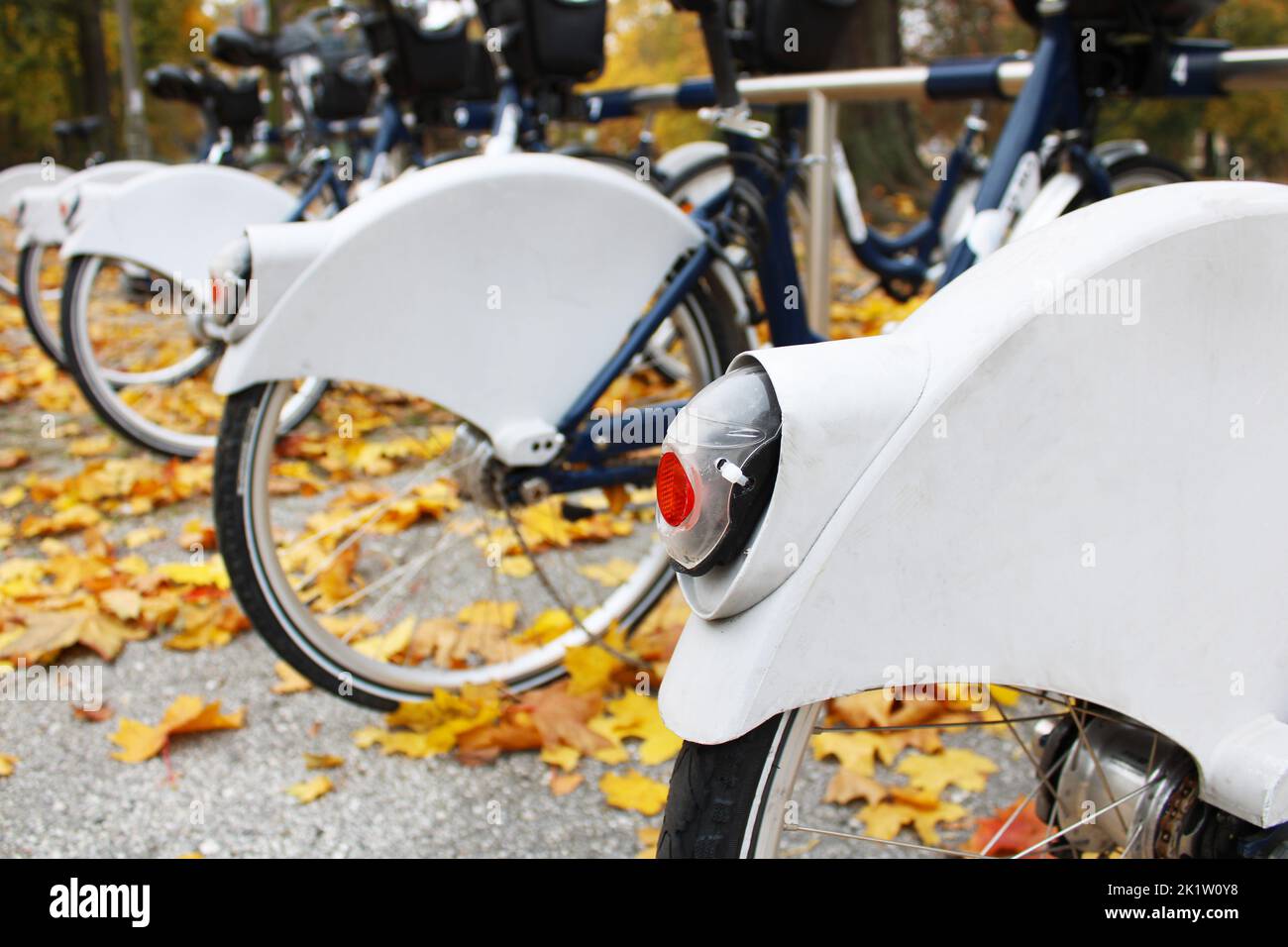 Fahrradreifen auf der Fahrradverleihstation im Herbst Stockfoto