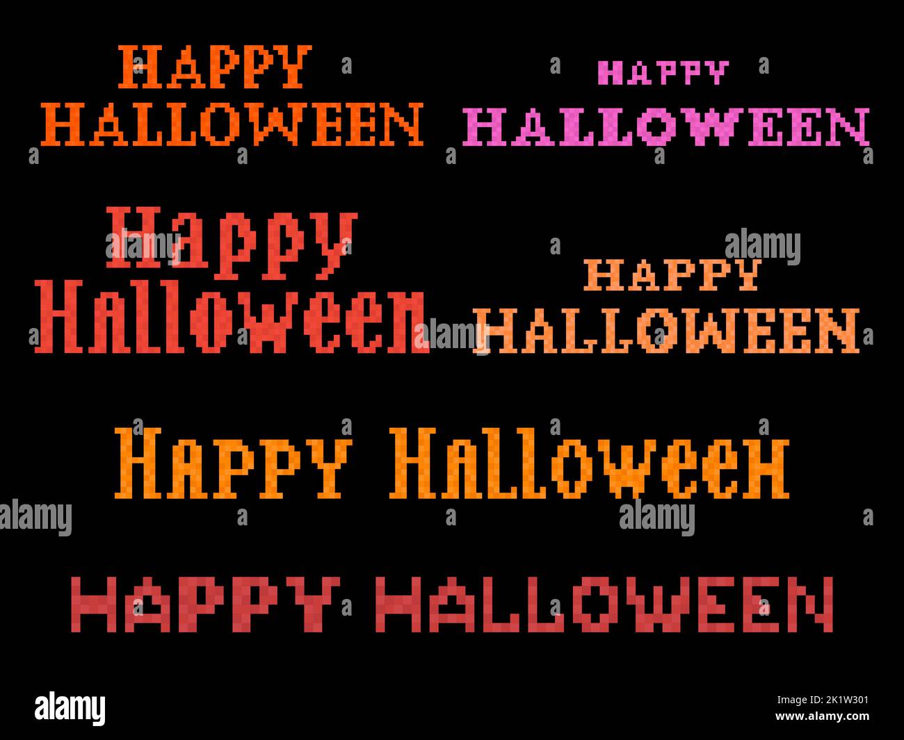 Happy Halloween Text Pixel Art Stil. Pixelschriftensatz. Festliches Banner mit Text im Stil eines 8-Bit-Videospiels vom 80s - 90s. Design für Stock Vektor
