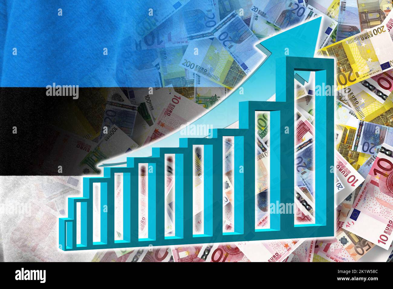 Wirtschaftsdiagramm: Steigender Pfeil, Bargeld-Euro-Banknoten und Estonia-Flagge (Geld, Wirtschaft, Unternehmen, Finanzen, Krise) Stockfoto