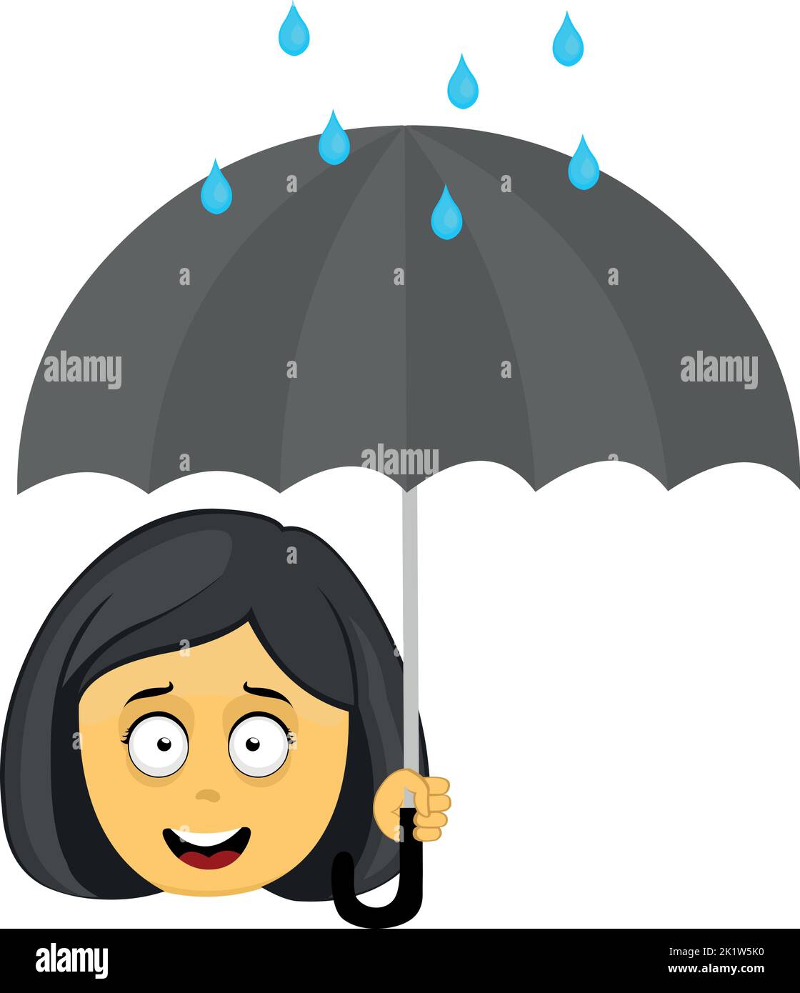 Vektor-Emoji-Illustration einer gelben Cartoon-Frau mit einem Regenschirm in der Hand und Regentropfen Stock Vektor