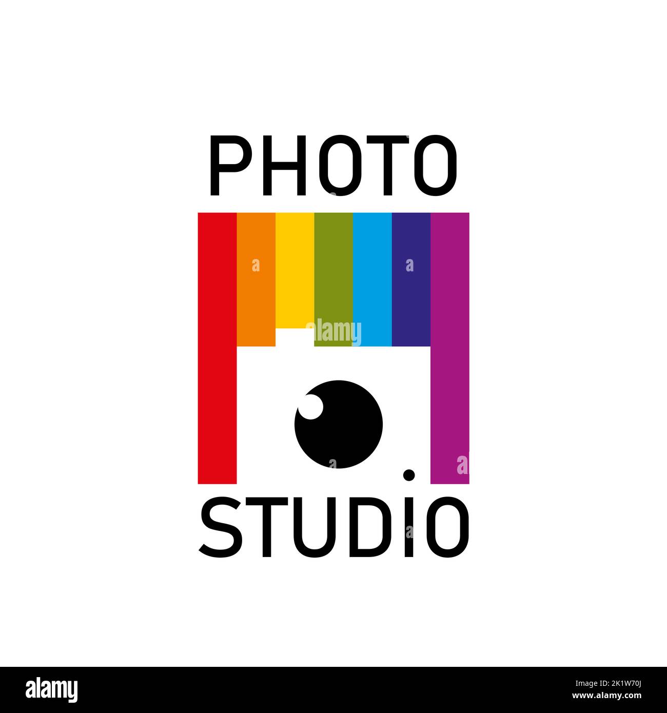Foto Studio Symbol, Kamera Fotografie und Fotografie Objektiv, Vektor-Emblem. Professionelles Fotostudio und Fotograf Art Design Service Schild mit Kamera Objektiv und Regenbogenfilm Stock Vektor