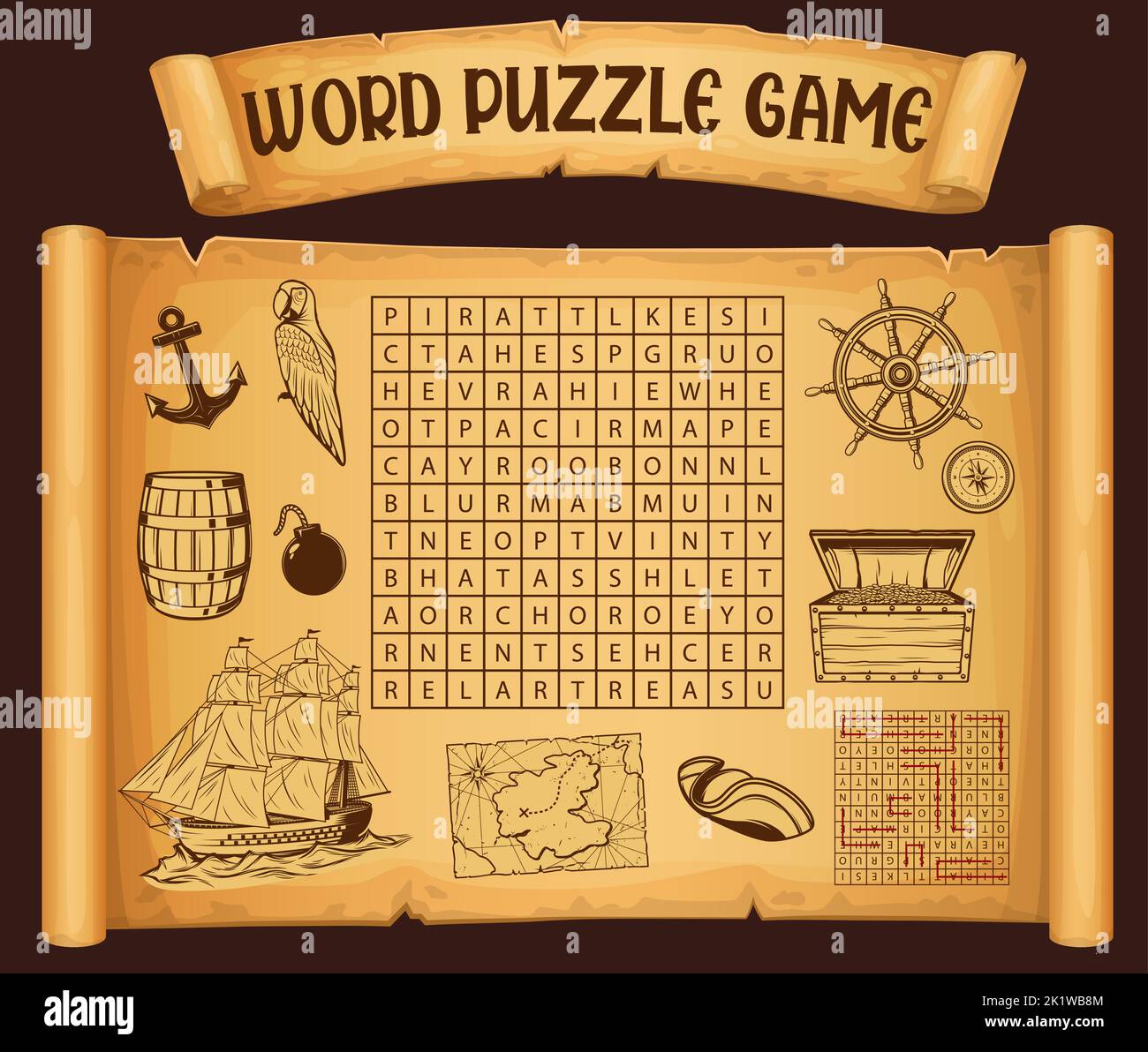 Piratenkarte und Piratenkarte. Wortsuche Puzzle Spiel Arbeitsblatt