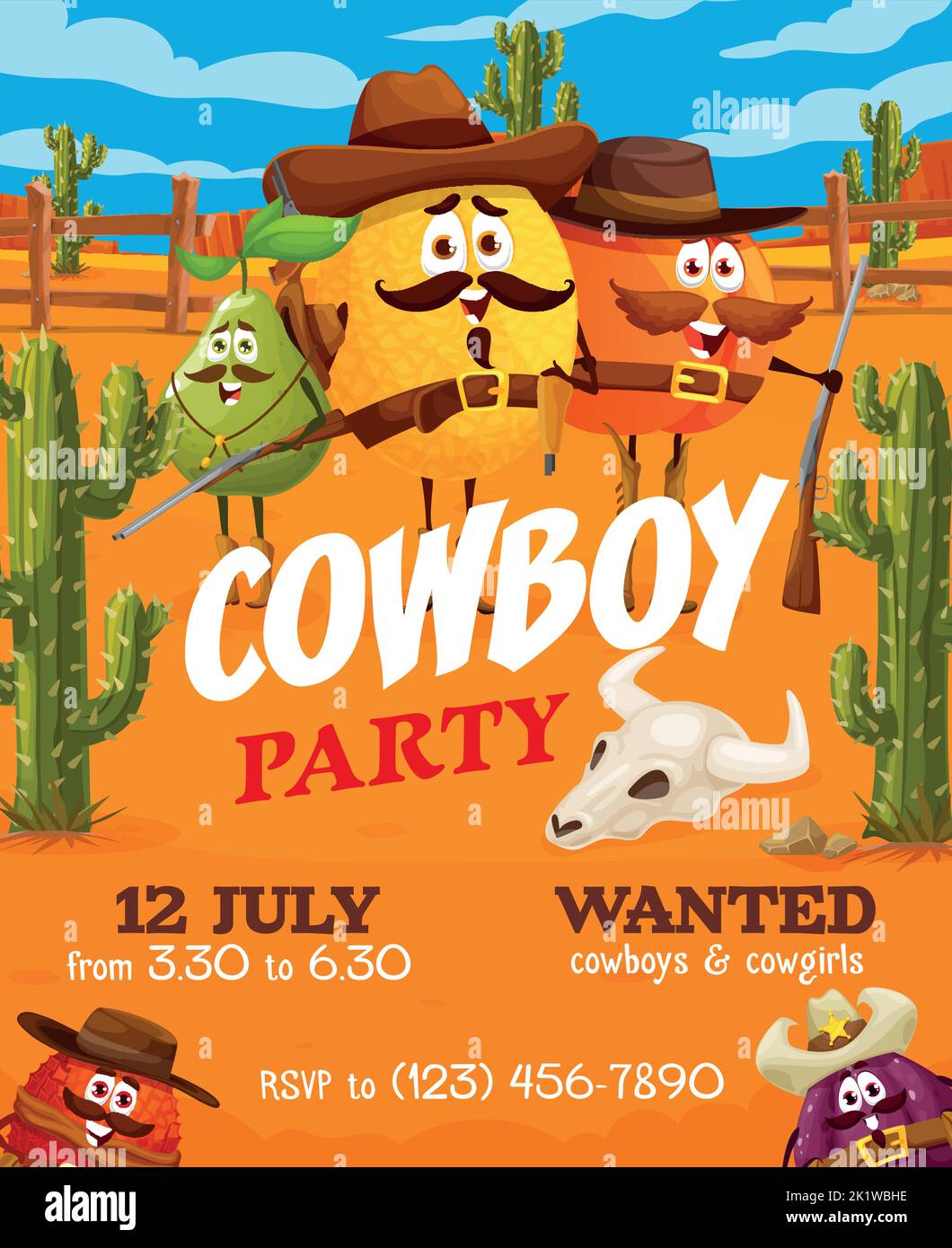 Cowboy-Party-Flyer mit Comic-Cowboy, Sheriff, Ranger und Banditen. Vector Western Persönlichkeiten von niedlichen Pfirsich, Melone, Birne, Feigen und Litschi Beeren mit Gewehren und Hüten in Wild West Wüste Stock Vektor