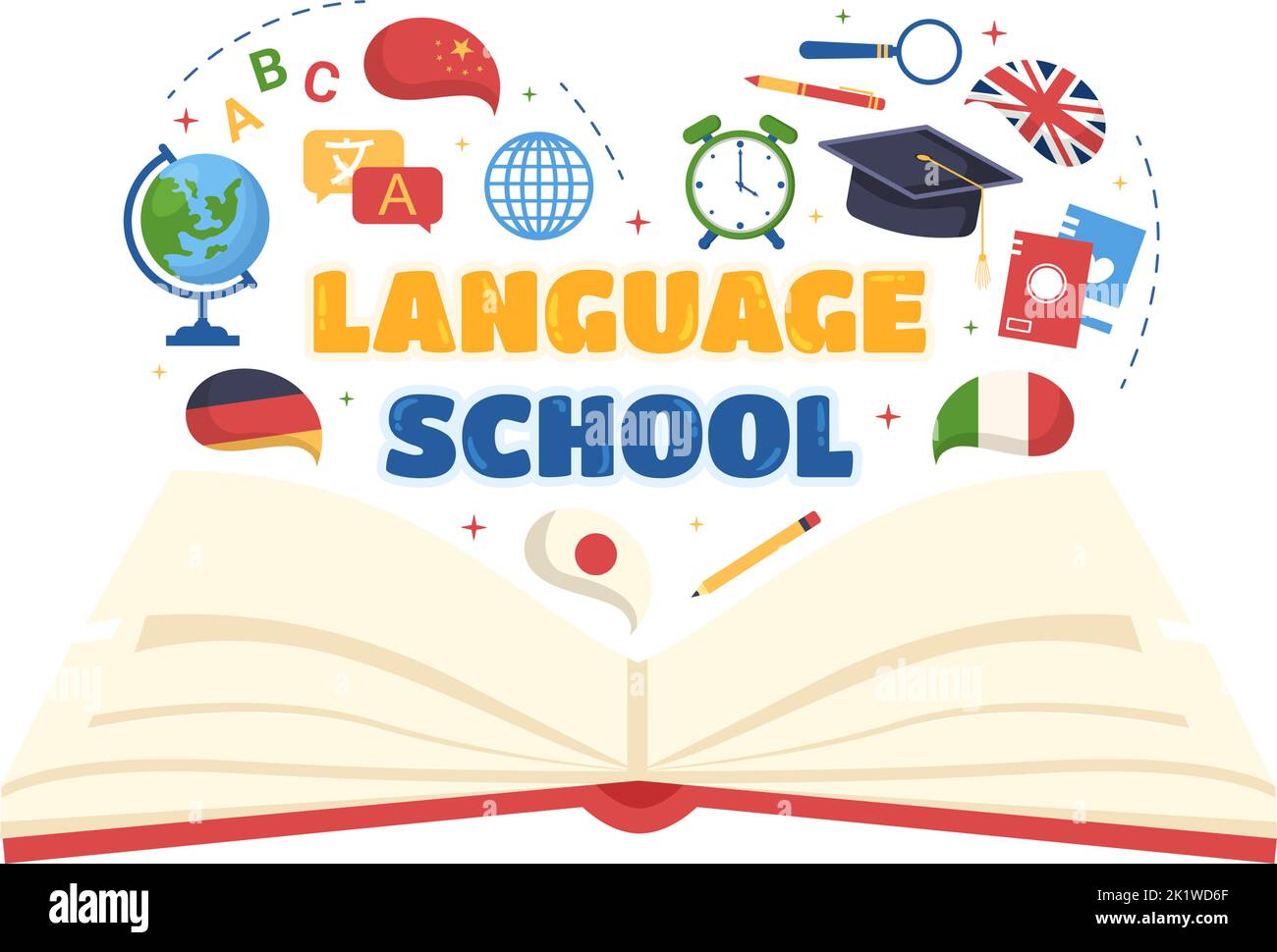 Vorlage für Sprachschulen Handgezeichneter Cartoon flache Illustration von Online-Lernen, Kursen, Trainingsprogramm und Fremdsprachen im Ausland studieren Stock Vektor