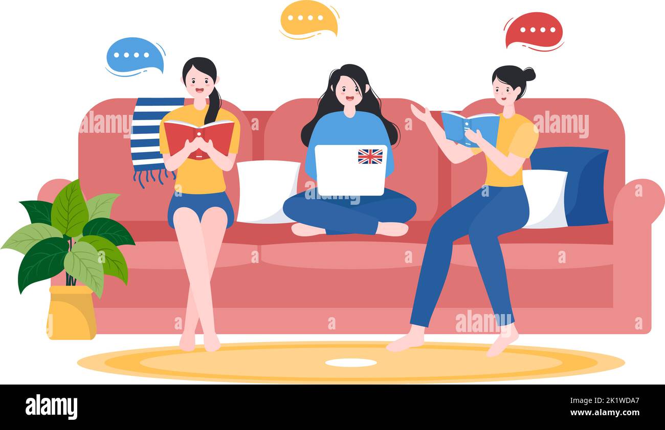 Vorlage für Sprachschulen Handgezeichneter Cartoon flache Illustration von Online-Lernen, Kursen, Trainingsprogramm und Fremdsprachen im Ausland studieren Stock Vektor