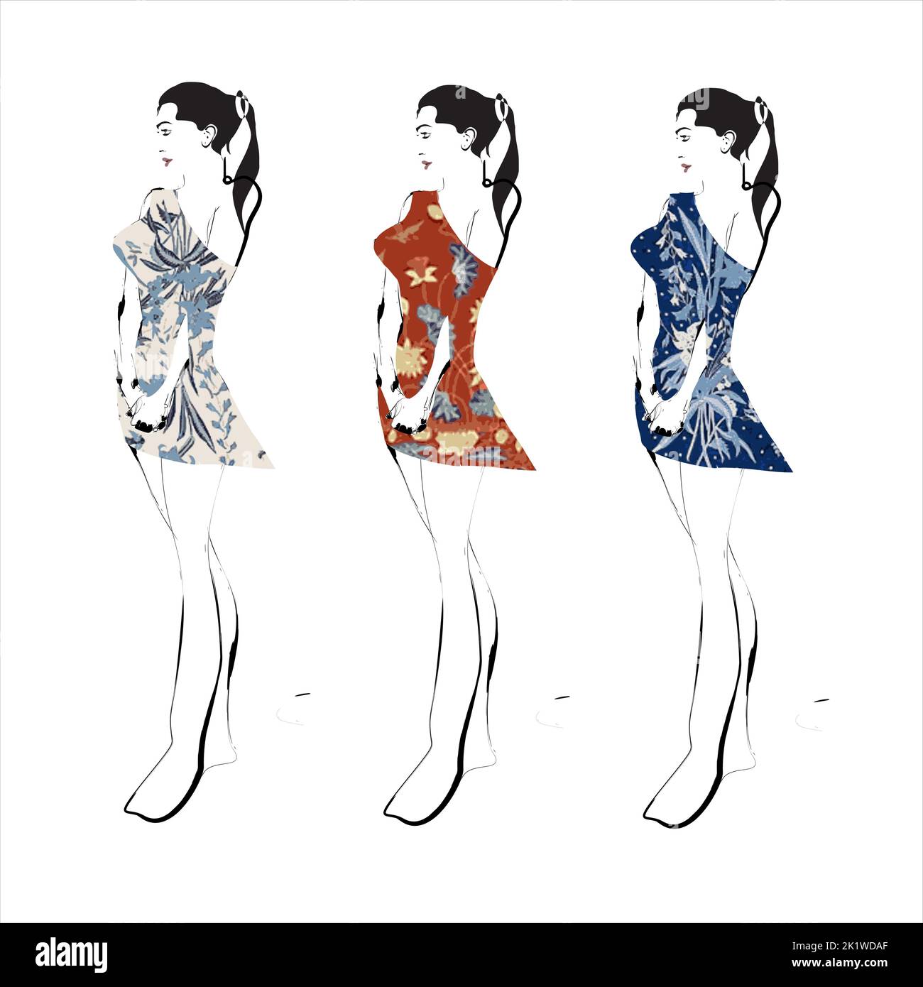 Illustration von Buketan Batik, Pekalongan, Central Java, Indonesien und eine Skizze einer Model-Frau Stock Vektor