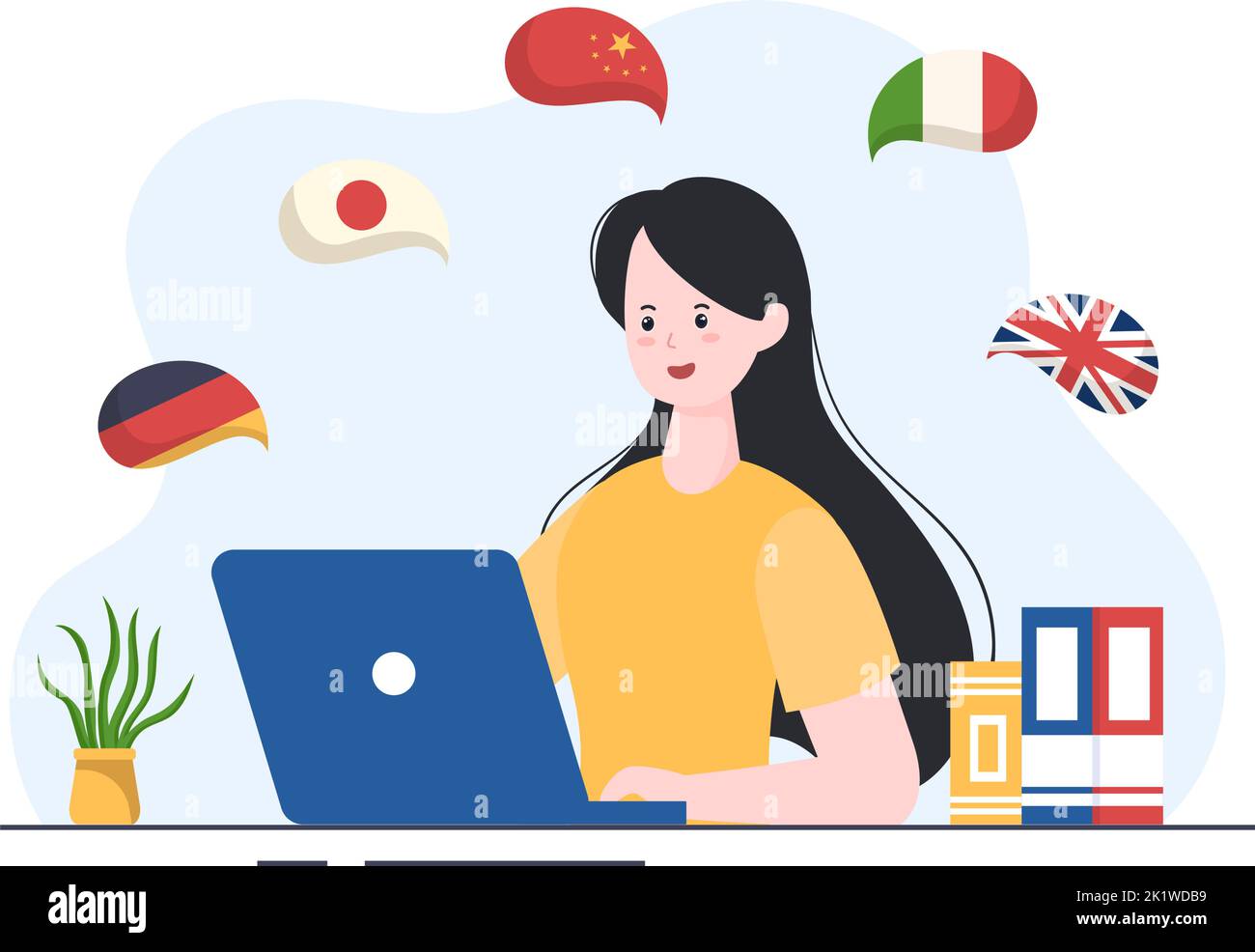 Vorlage für Sprachschulen Handgezeichneter Cartoon flache Illustration von Online-Lernen, Kursen, Trainingsprogramm und Fremdsprachen im Ausland studieren Stock Vektor