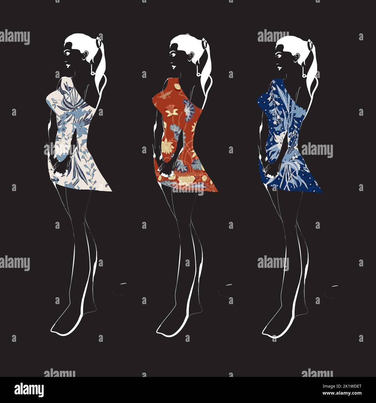 Illustration von Buketan Batik, Pekalongan, Central Java, Indonesien und eine Skizze einer Model-Frau Stock Vektor