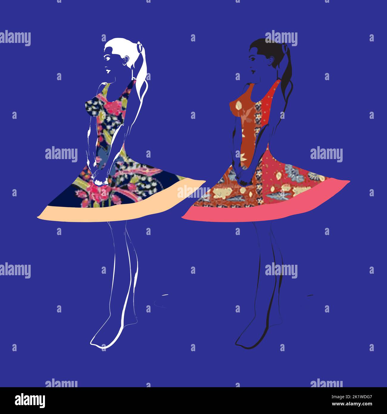Illustration von Buketan Batik, Pekalongan, Central Java, Indonesien und eine Skizze einer Model-Frau Stock Vektor
