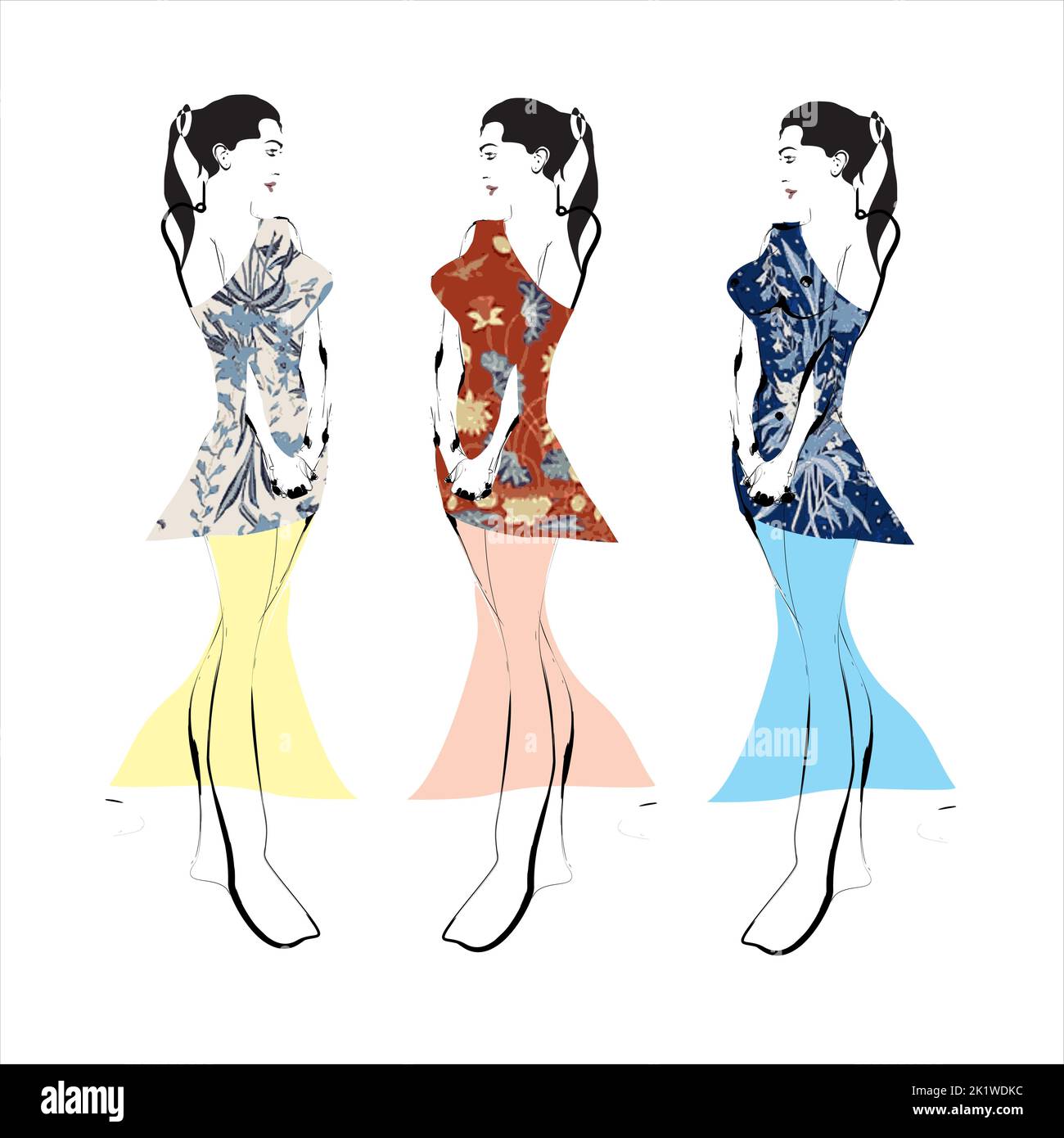 Illustration von Buketan Batik, Pekalongan, Central Java, Indonesien und eine Skizze einer Model-Frau Stock Vektor