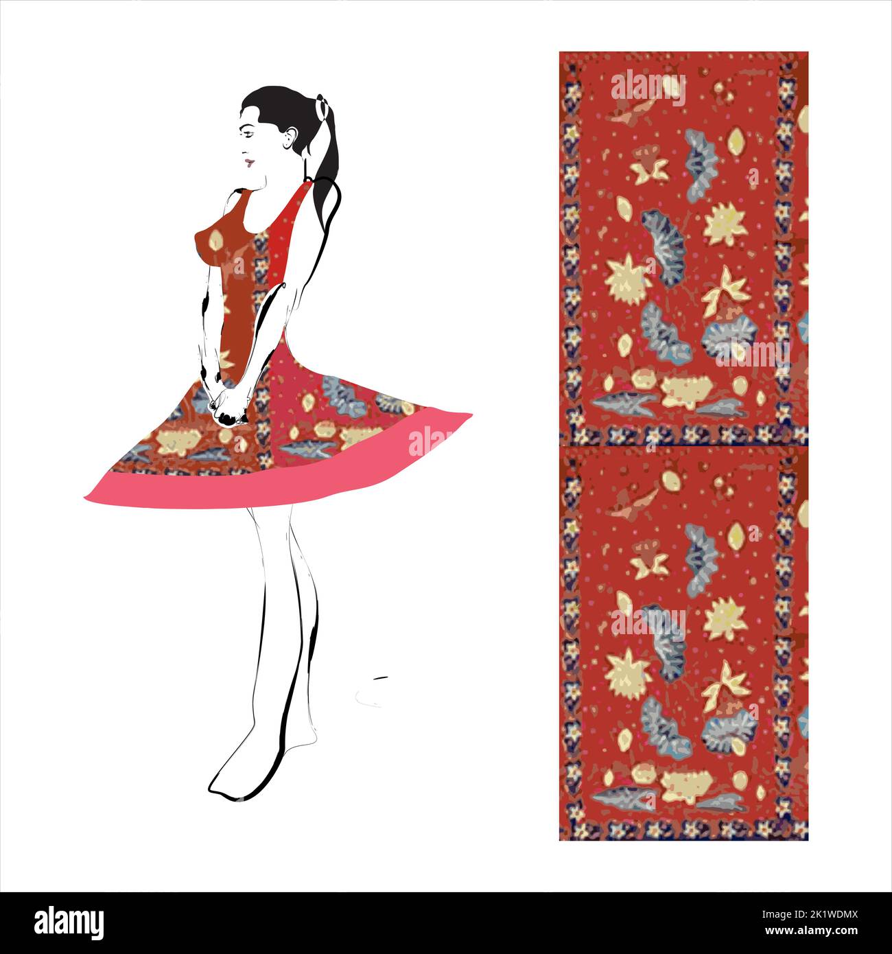Illustration von Buketan Batik, Pekalongan, Central Java, Indonesien und eine Skizze einer Model-Frau Stock Vektor